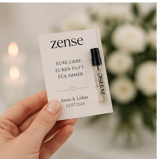 Personalisierte Duftkarte in der Hand vor Blumen und Kerzen