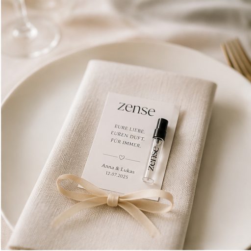 Gastgeschenk als Tischdeko auf dem gedeckten Hochzeitstisch